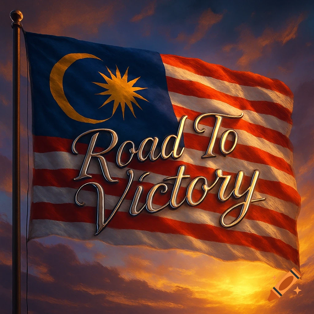 A Malaysian flag with "Road To Victory" written on it, waving against a dramatic sunset sky.