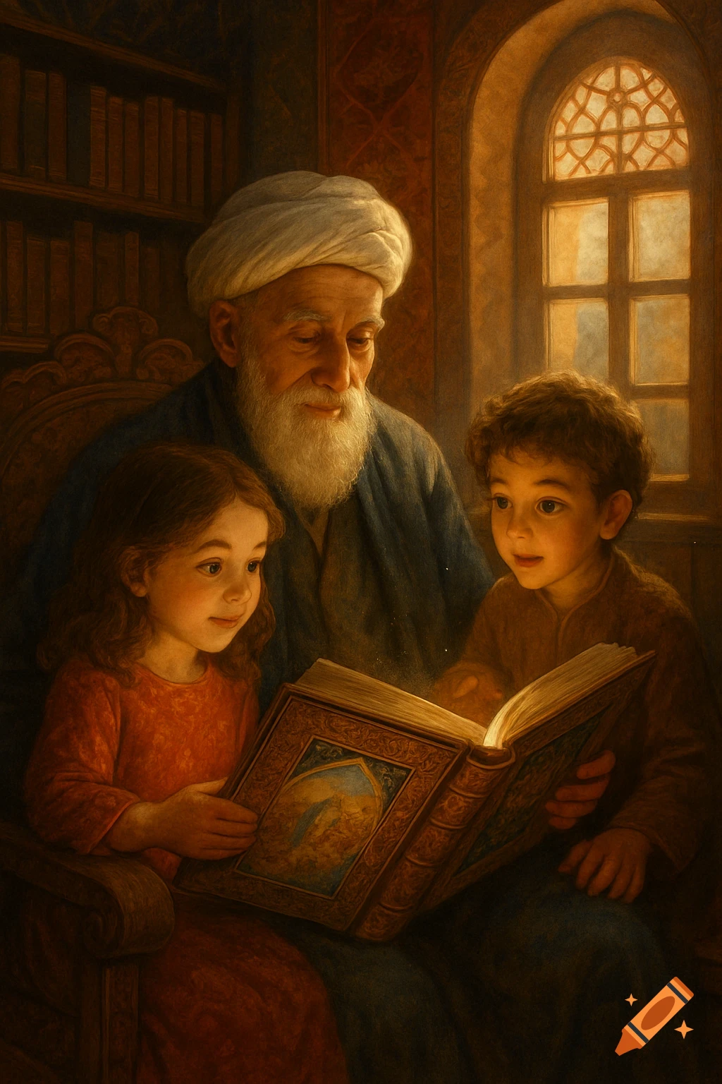 An elderly man in a turban with two children, a boy and a girl, intently looking at a large, illuminated ornate book, in a warm, painterly style.