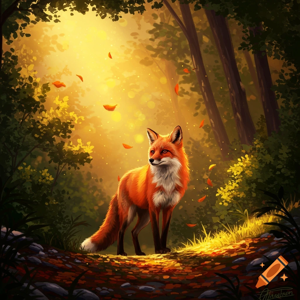 A vibrant red fox stands in a sun-dappled autumn forest with falling leaves, in a digital painting style.