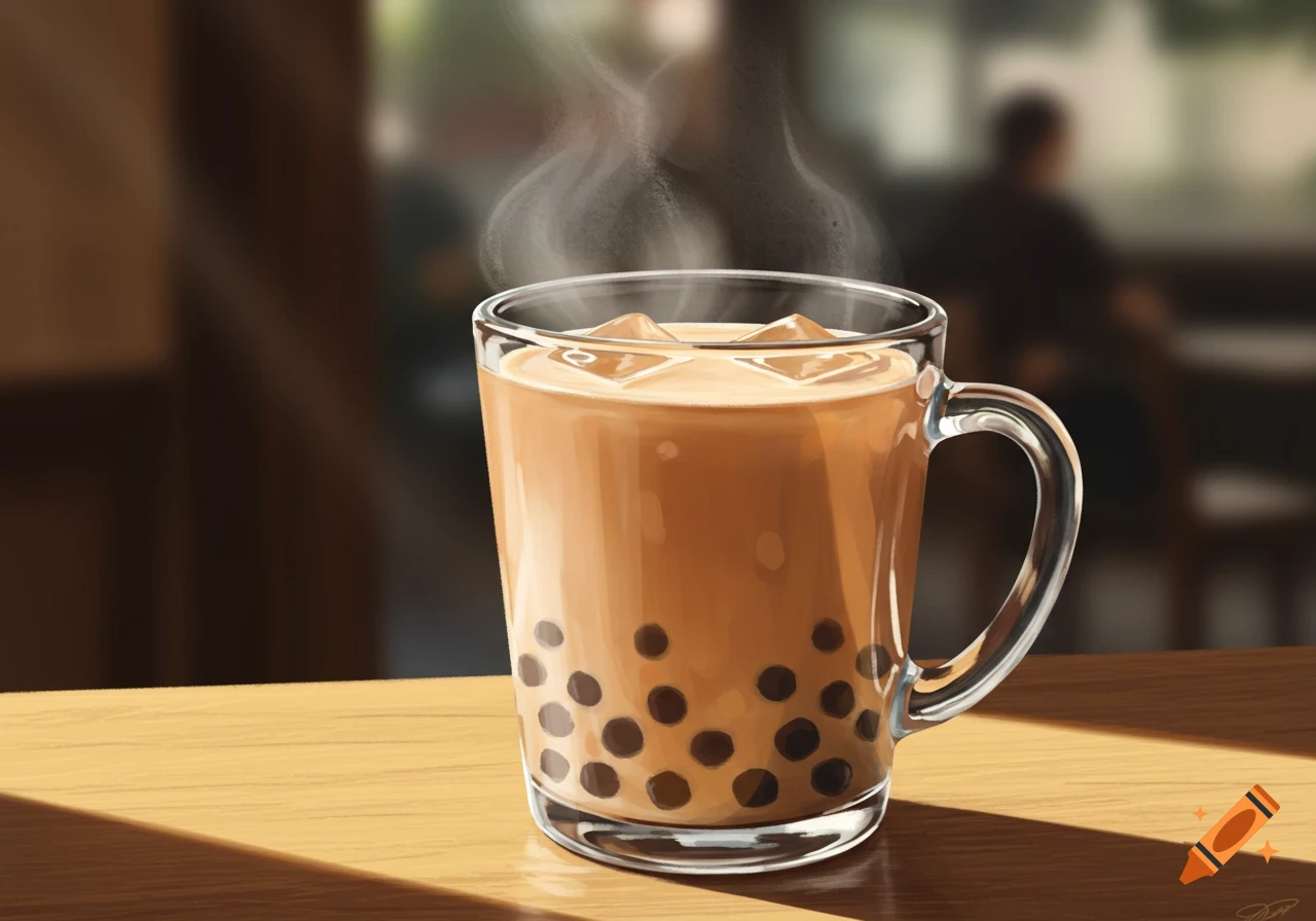 Illustrated boba tea with ice and tapioca pearls in a clear glass mug on a sunlit wooden table with a blurred background.