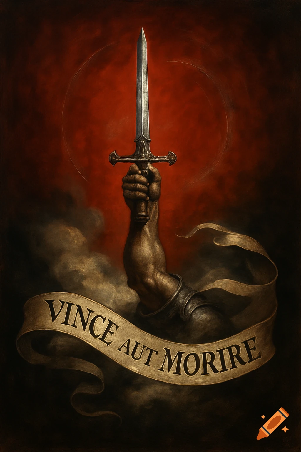 An armored arm clutches an upright sword, encircled by a banner with 'Vince Aut Morire,' set against a dark red, cloudy background in a painterly style.