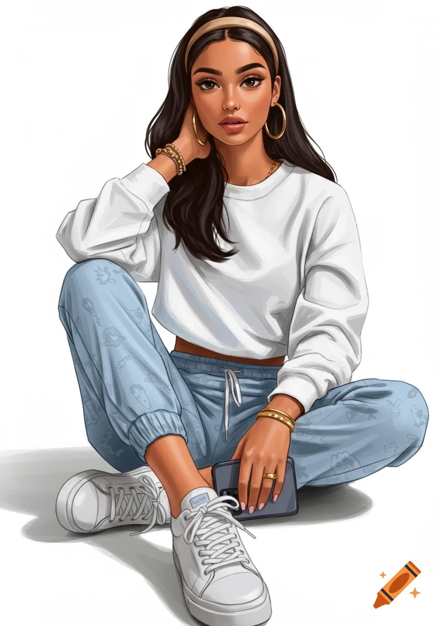 A digital art illustration of a young woman seated casually, wearing a white cropped sweatshirt, light blue patterned joggers, and white sneakers, accessorized with gold jewelry, on a white background.