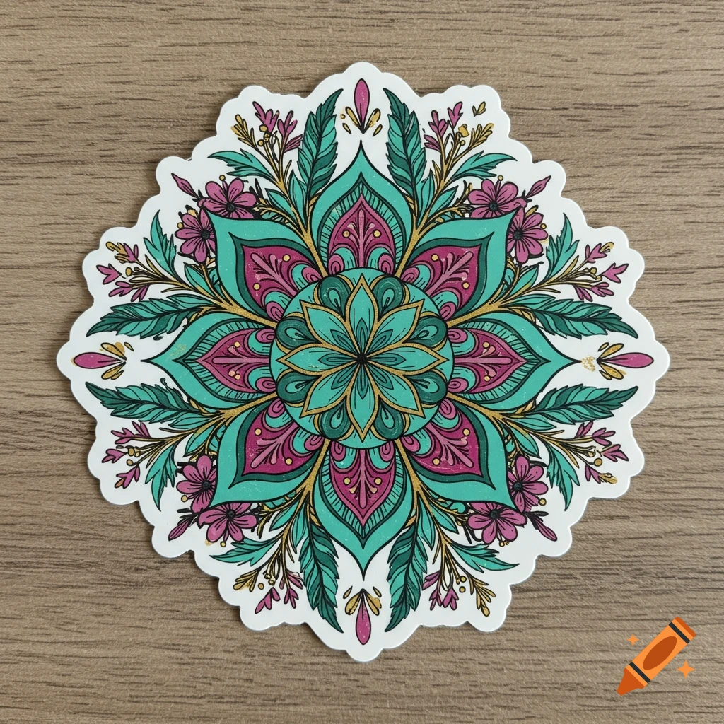 A vibrant teal, magenta, and gold mandala sticker with intricate floral and leaf patterns on a wooden surface.