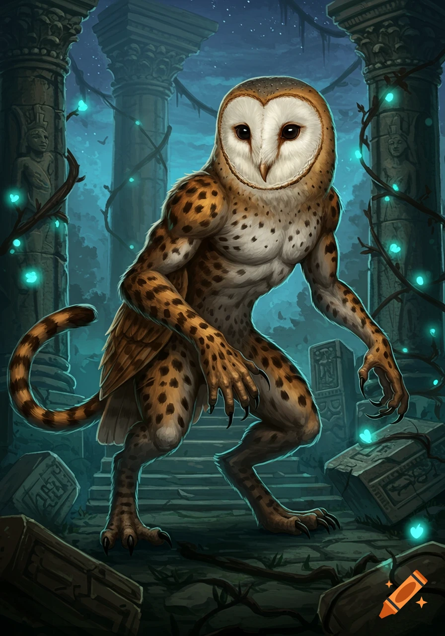 A muscular bipedal creature with a barn owl head and spotted feline body stands in ancient, overgrown ruins at night, glowing blue flora.
