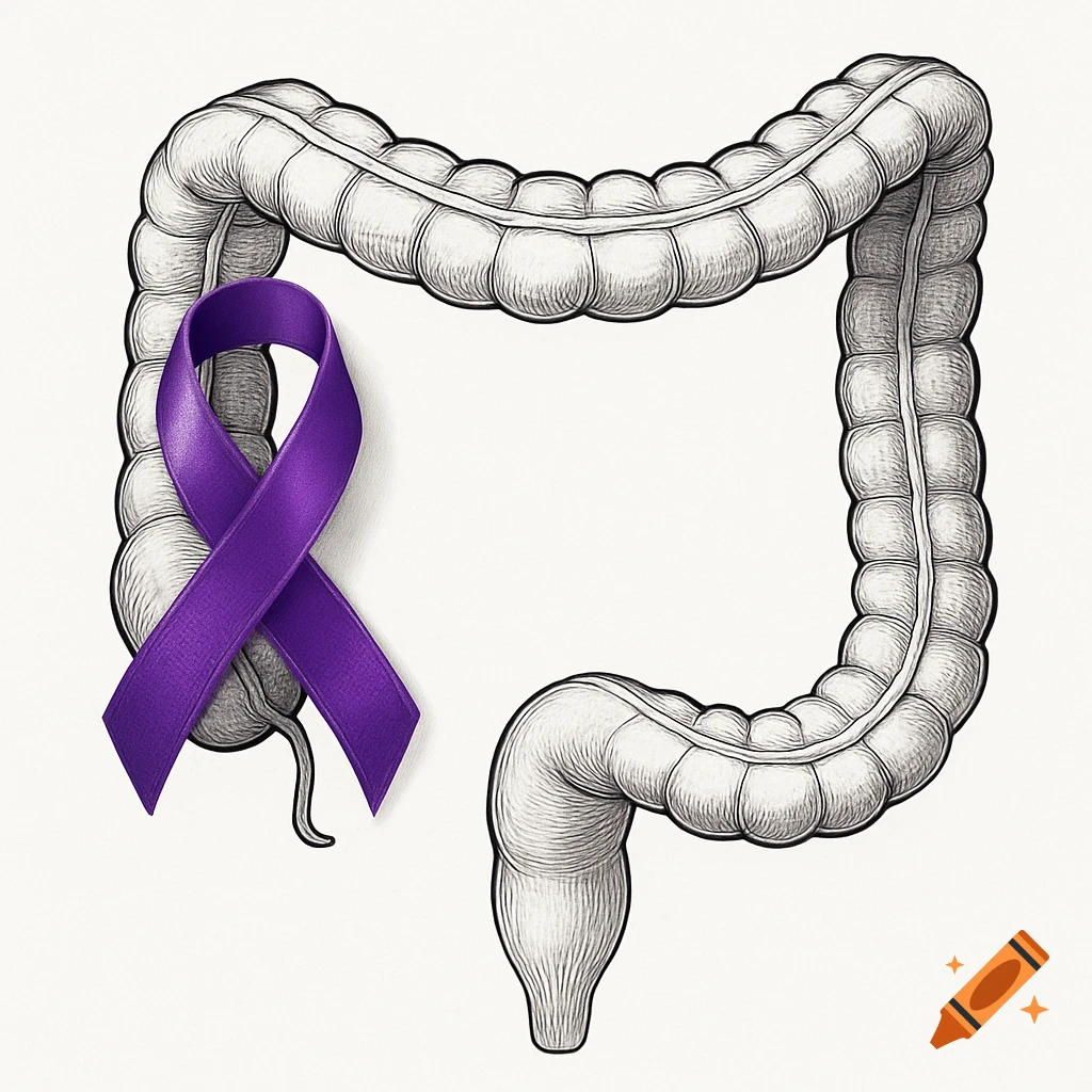 A detailed medical illustration of a human large intestine, with a vibrant purple awareness ribbon tied around its left side.