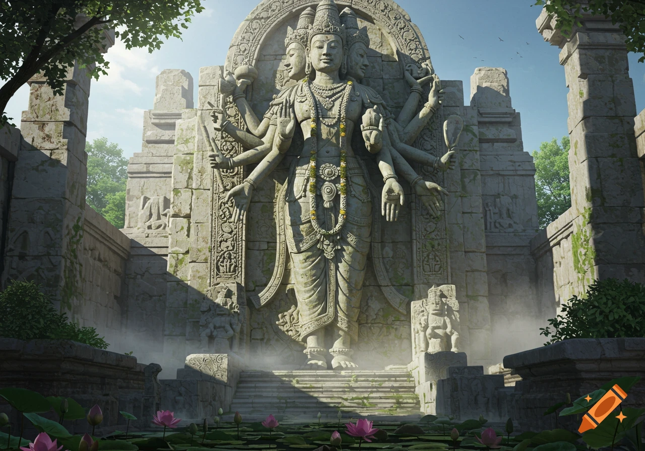 A majestic multi-armed Hindu deity statue stands within ancient, moss-covered temple ruins under a sunny sky, with water lilies in the foreground.