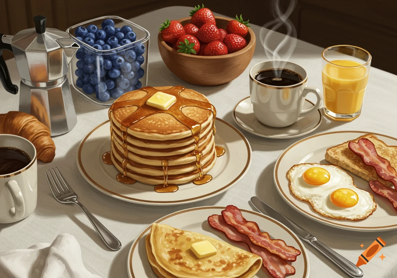 Illustrated breakfast table with pancakes, strawberries, blueberries, coffee, juice, croissant, toast, bacon, eggs, and crepes.