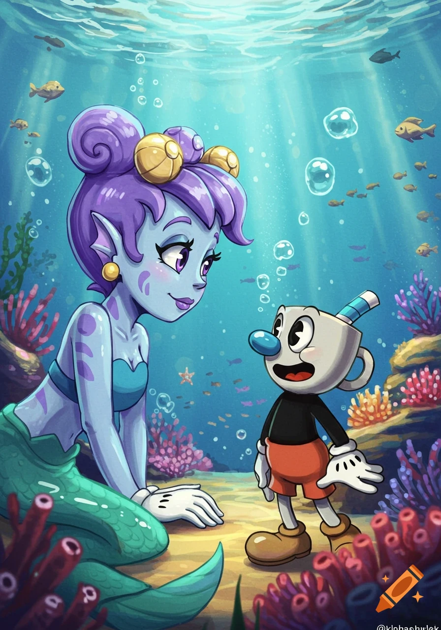 Cala Maria, a mermaid from Cuphead, smiles at Mugman underwater surrounded by coral and fish in a cartoon style.