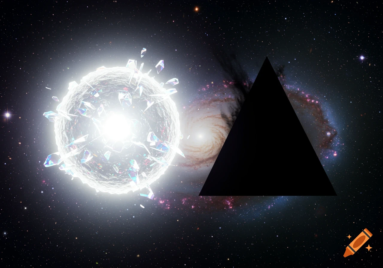 A glowing, crystal-like orb and a large dark triangle in space with a galaxy in the background.