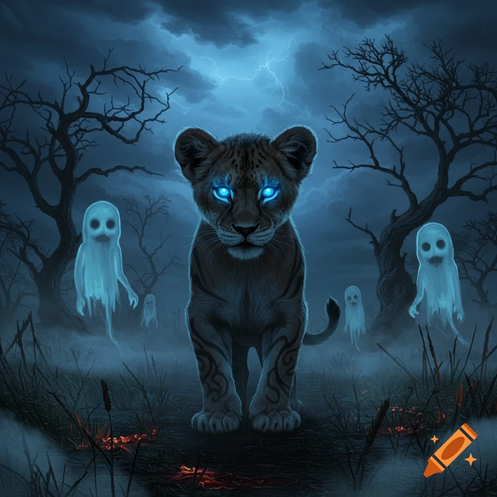 A dark, spooky fantasy image of a lion cub with glowing blue eyes standing in a misty forest with ghost figures and lightning.