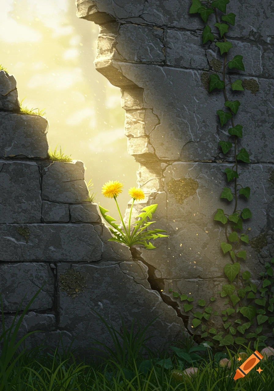 Two yellow dandelions grow in a cracked stone wall, with ivy, grass, and bright sunlight shining through a gap.