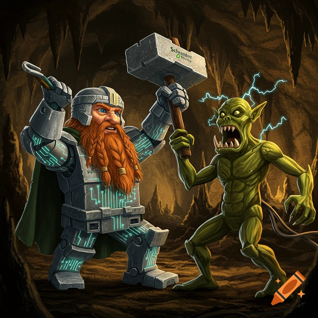 A dwarf-like figure in armor patterned with circuit boards and bearing "Schneider Electric" fights a green goblin in a cave. The dwarf has a red braided beard and wields a large hammer.