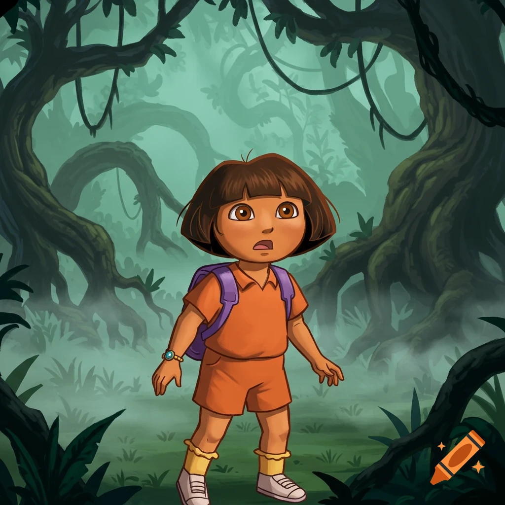 Cartoon Dora the Explorer with a purple backpack looks startled in a misty, gnarled jungle.