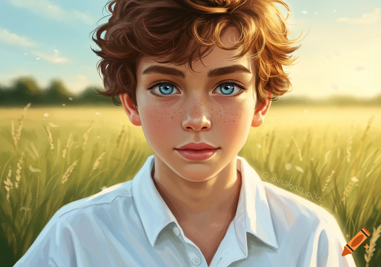 A boy with brown curly hair, blue eyes, and freckles wears a white shirt in a sunlit field, digital art.