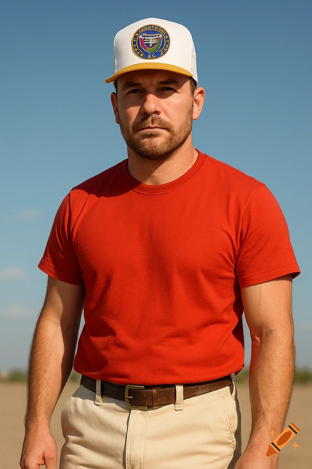 A man in a white trucker hat with a gold bill, a red t-shirt, and cream pants stands outdoors under a blue sky.