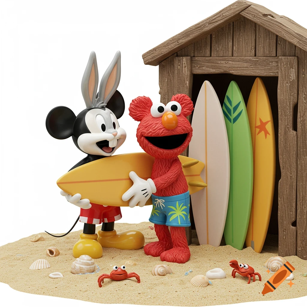 A whimsical ceramic figure of a Mickey Mouse, Bugs Bunny, and Elmo hybrid holding a surfboard with Elmo, on a sandy beach with shells and crabs, in front of a surf shack.