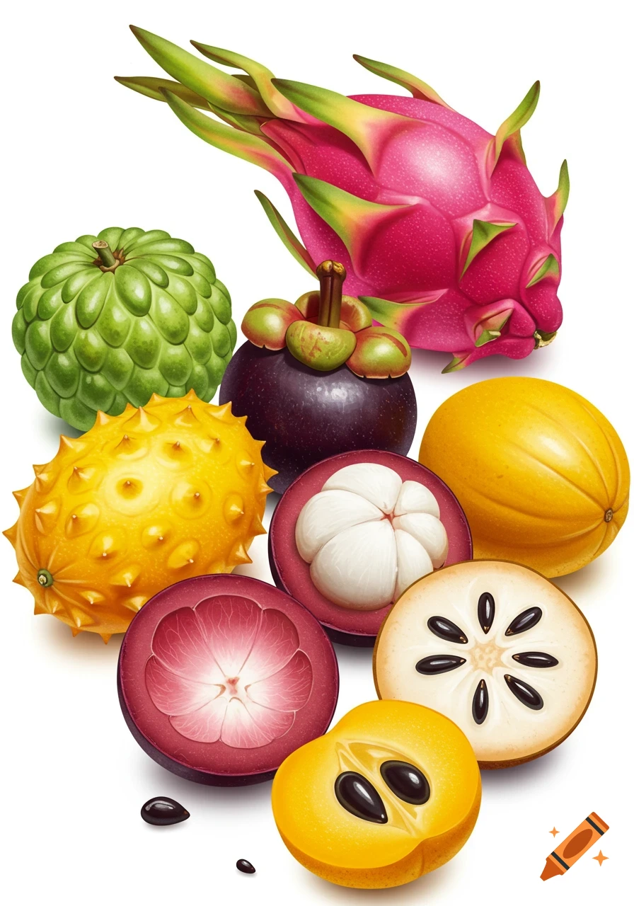A vibrant array of whole and sliced tropical fruits like dragon fruit, mangosteen, and horned melon, on a white background.