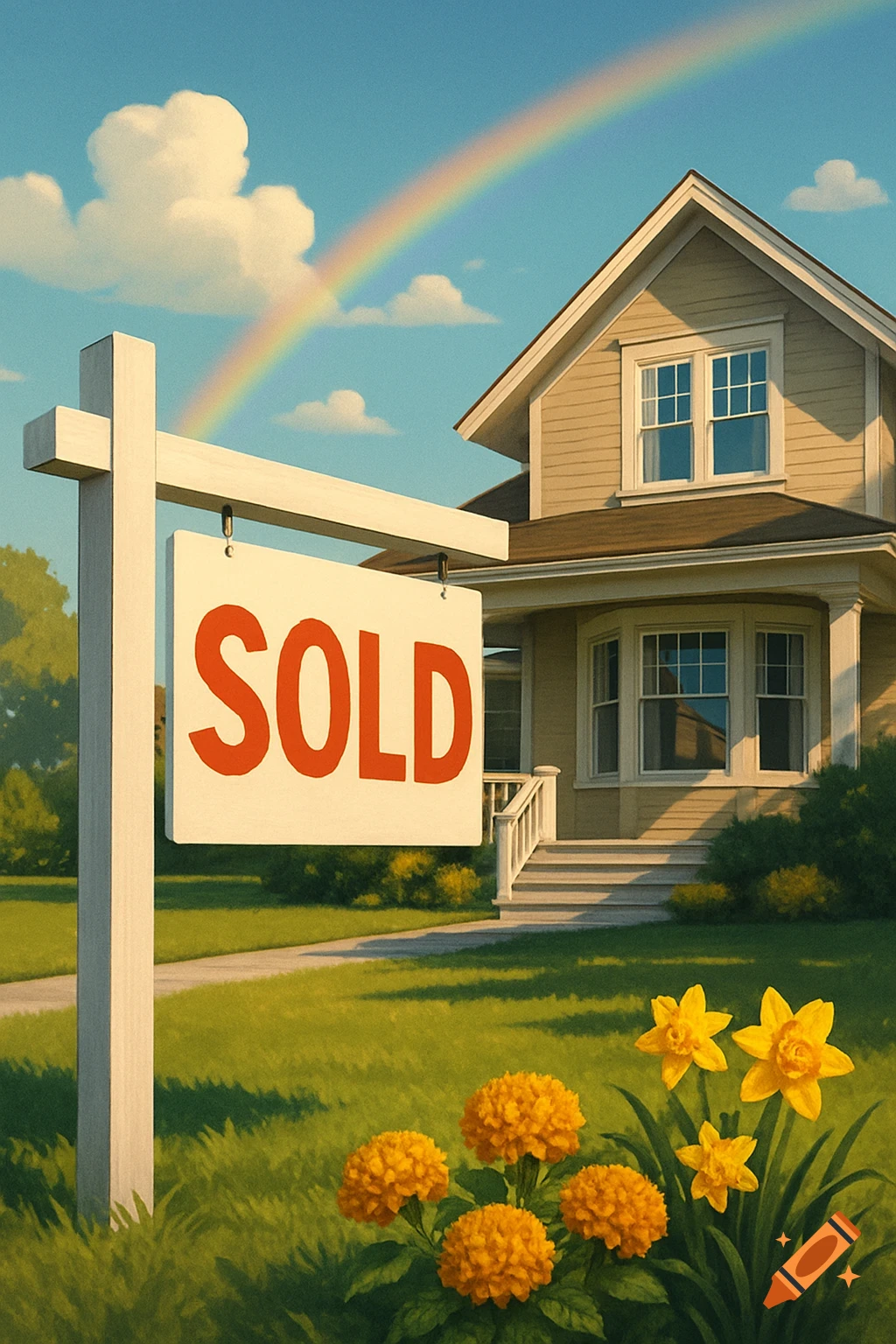 A charming house with a 'SOLD' sign in the front yard, vibrant flowers, and a rainbow under a blue sky, in an illustrative style.