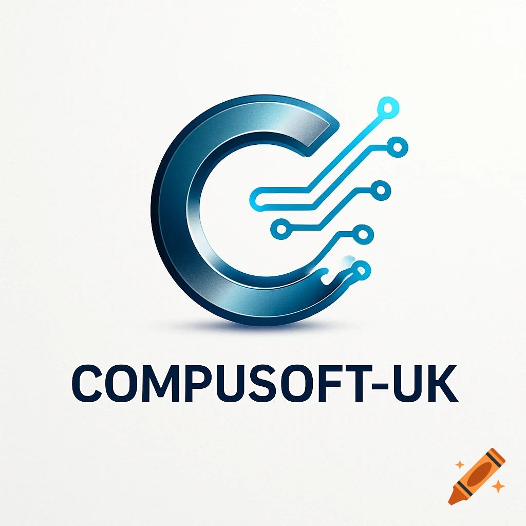 A logo with a metallic blue 'C' blending with light blue circuit lines above the text 'COMPUSOFT-UK'.