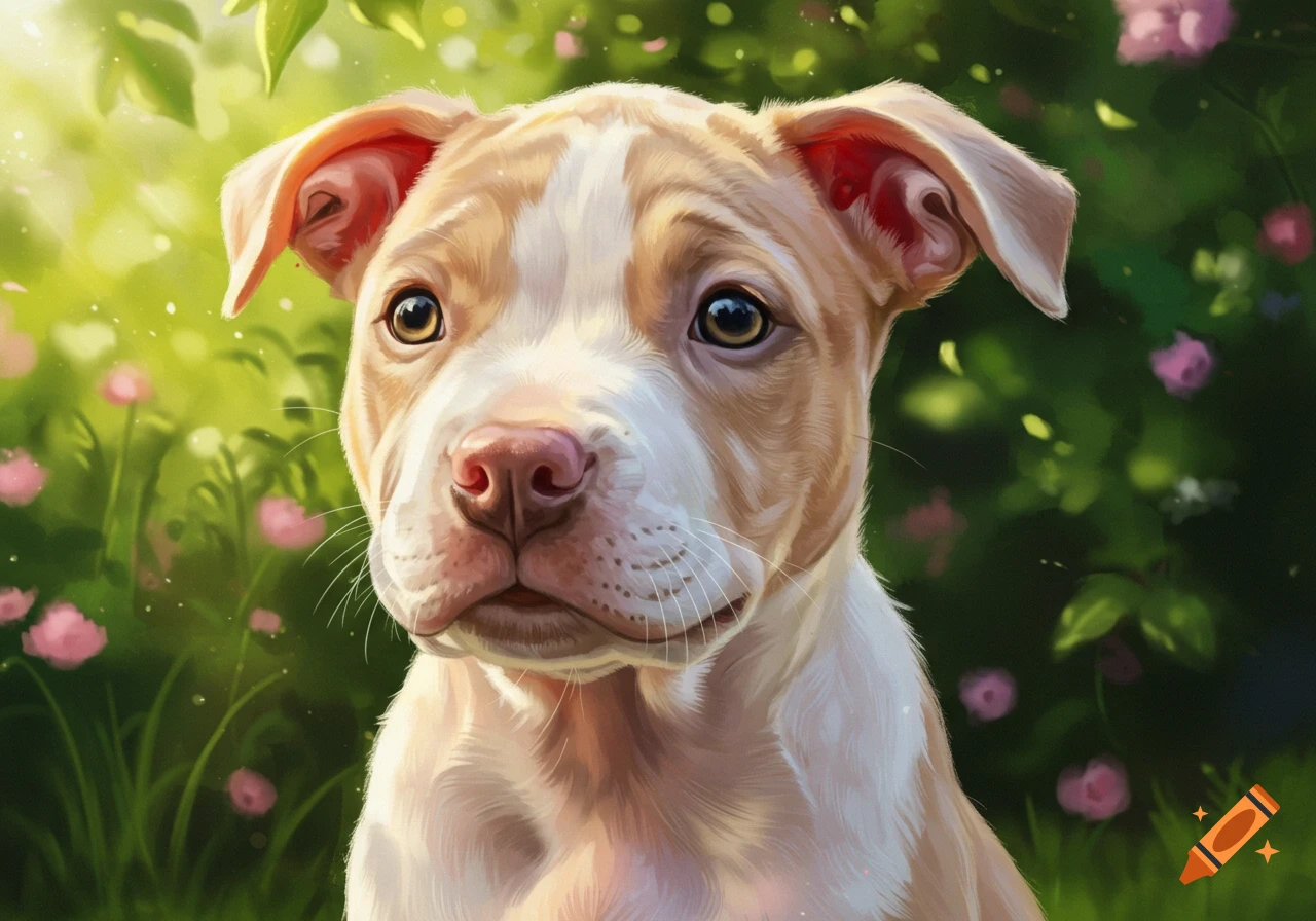 Stylized portrait of a cute light brown and white pitbull puppy with a pink nose, set against a blurred green background with pink flowers.