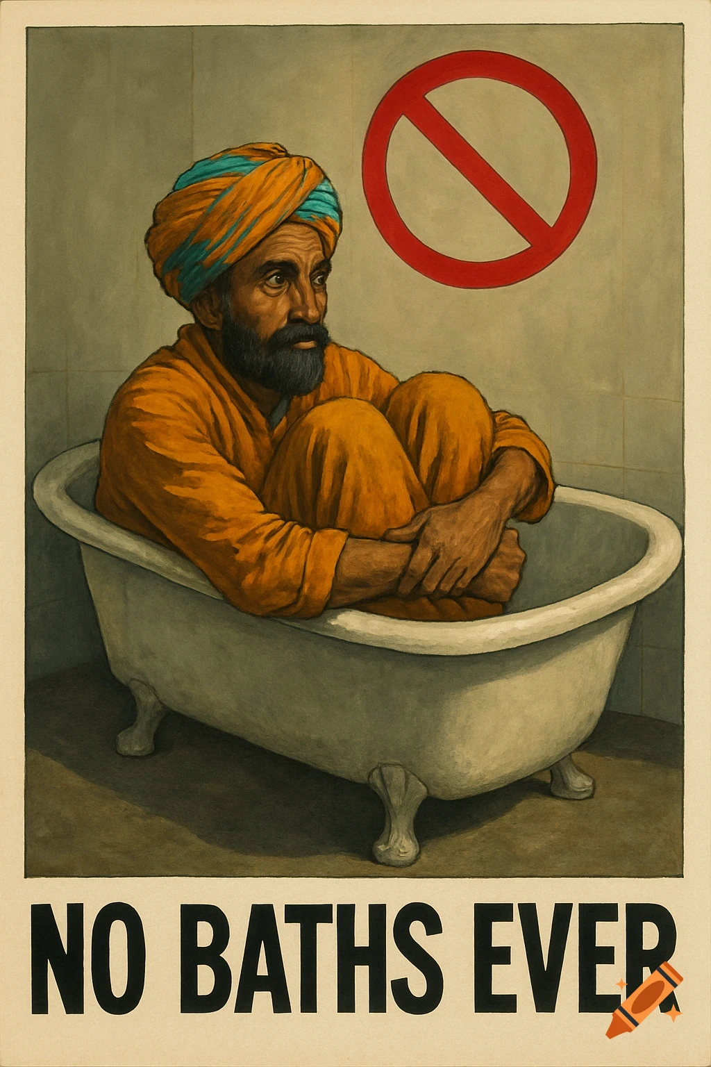 An Indian man in a turban sits in an empty bathtub with a red 'no' symbol above him. Below, bold text reads 'NO BATHS EVER'.