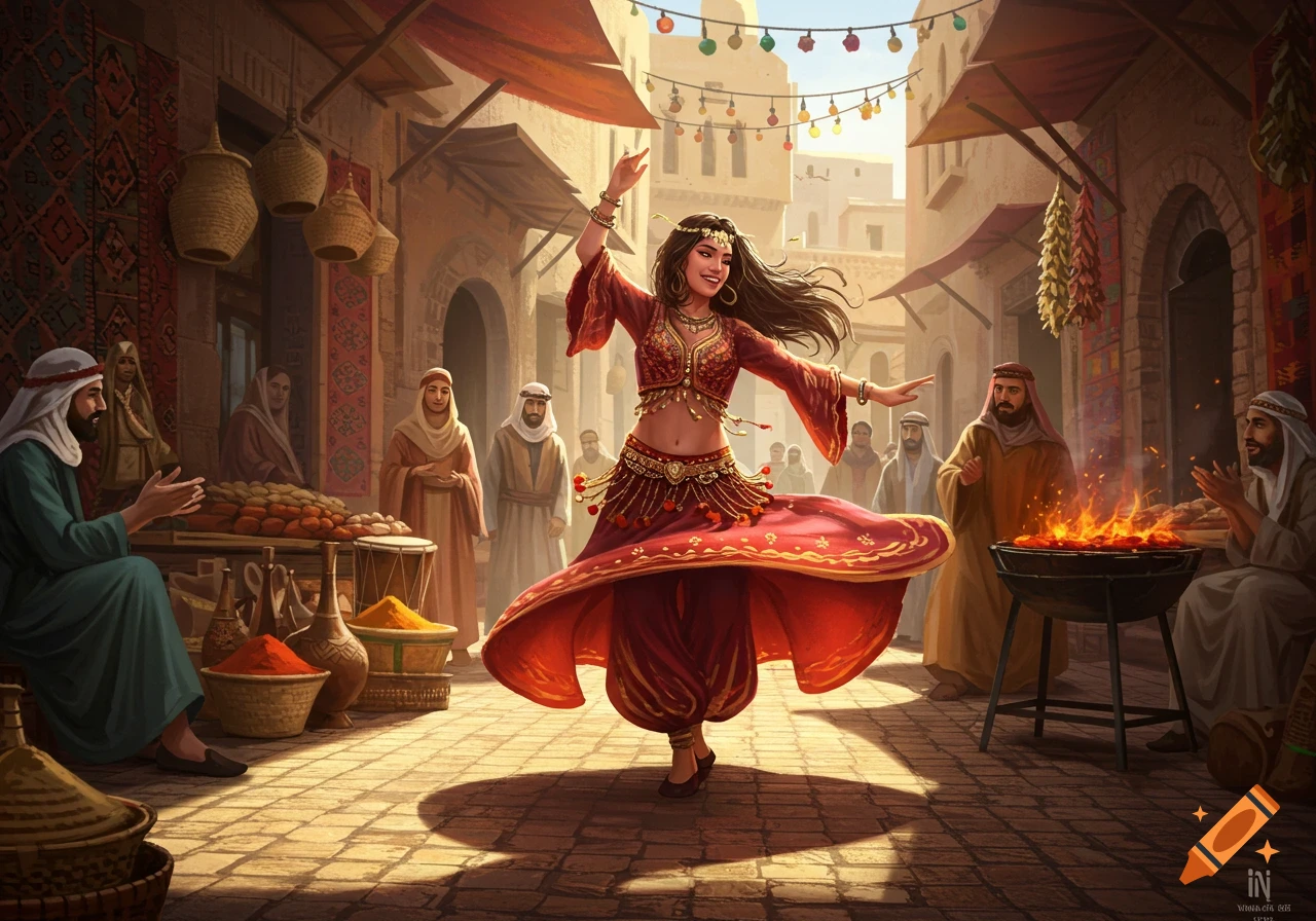 Vibrant illustration of a woman belly dancing in a bustling Middle Eastern market street, surrounded by onlookers and stalls.