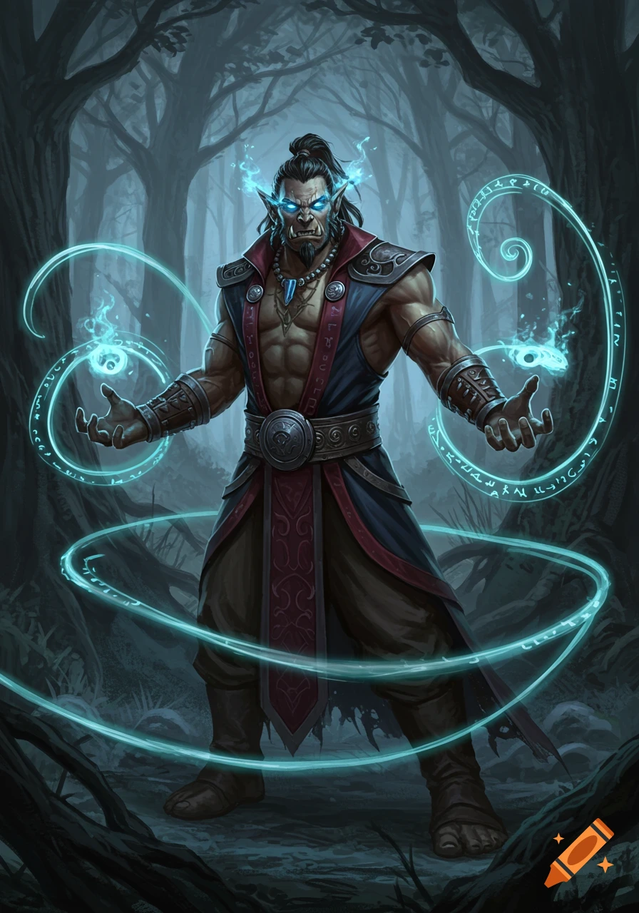 A muscular half-orc sorcerer with glowing blue eyes and ear flames, clad in red and blue robes, casts a spell with swirling blue runes around him in a dark forest.
