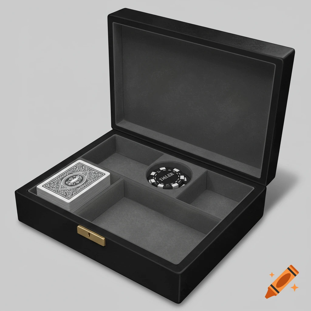 An open elegant black leather poker box with gray velvet lining, containing playing cards and a black and white dealer chip.