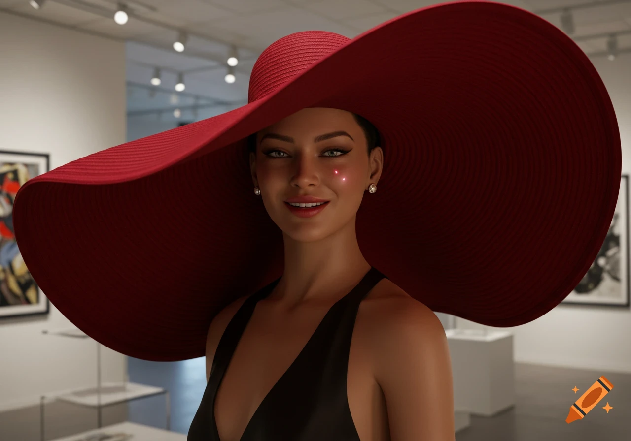 Hyperrealistic portrait of a woman in a black top and a large red hat, smiling in an art gallery.
