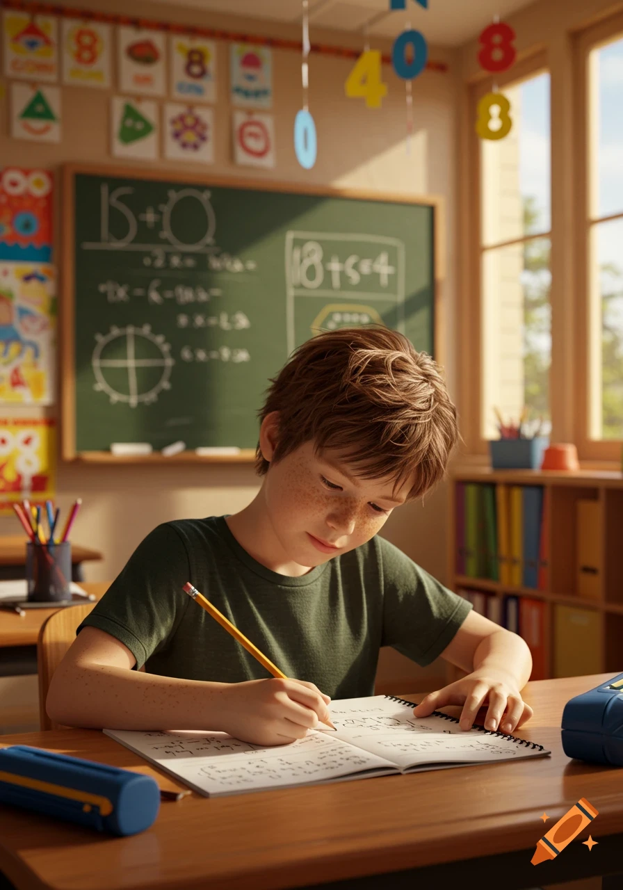 A young boy with freckles sits at a wooden desk in a sunny classroom, writing in a notebook with a pencil.