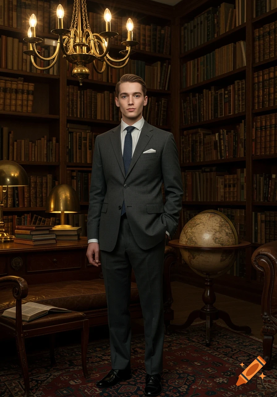A stylish young man in a dark grey suit and blue tie stands in a grand, wood-paneled library filled with bookshelves.
