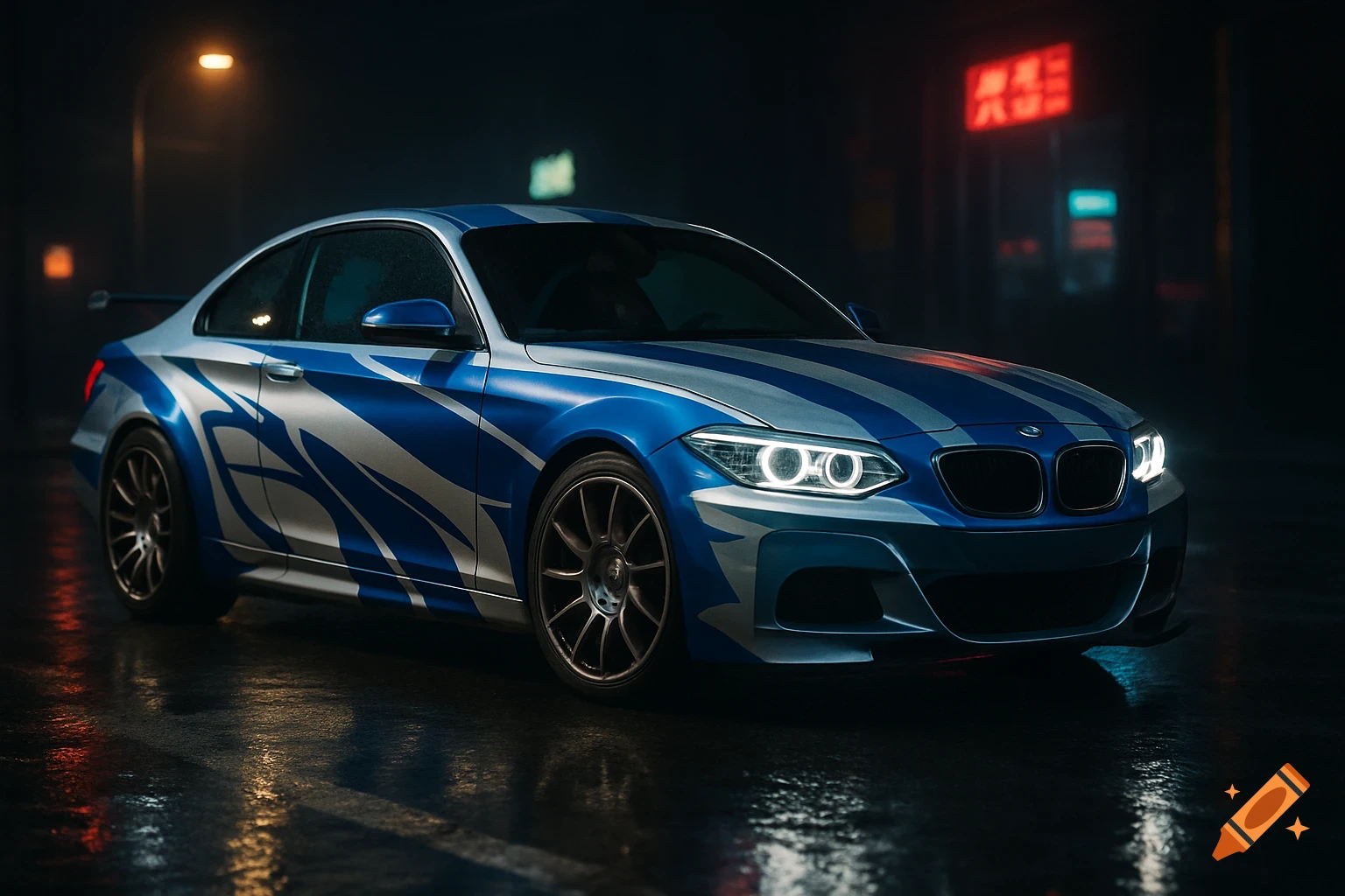A sleek blue and silver BMW F22 coupe, featuring a racing livery, parked on a wet, dimly lit city street at night, with streetlights and neon signs reflecting on the wet asphalt and the car's body. Photorealistic style.