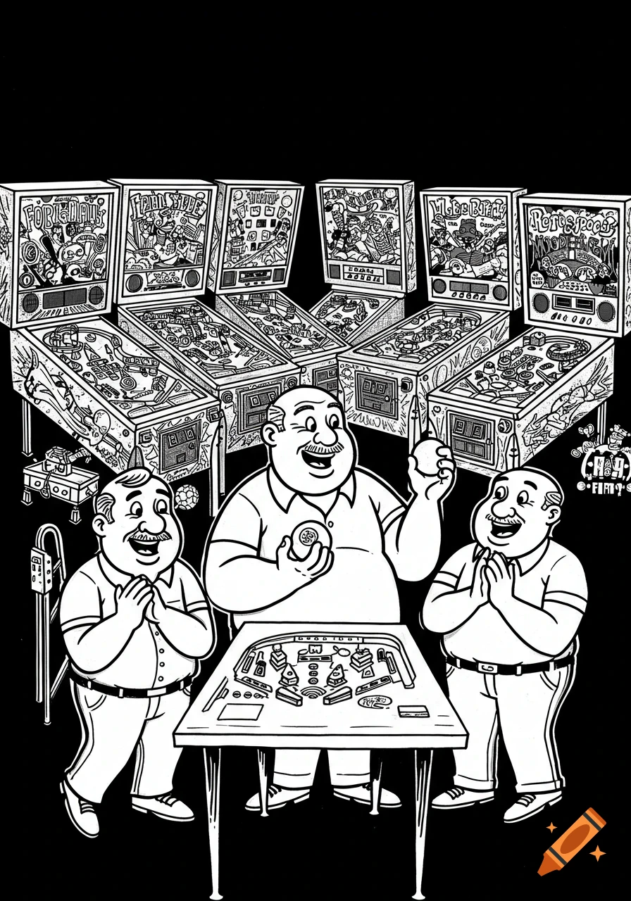 Monochromatic cartoon drawing of three smiling middle-aged men with seven pinball machines in the background.