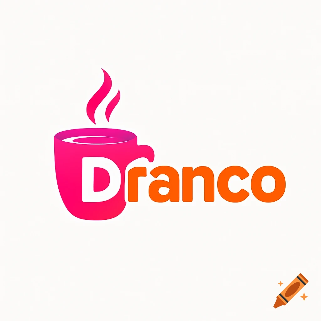 A logo featuring a pink coffee cup with steam rising, and the word "Dranco" in orange text beside it.
