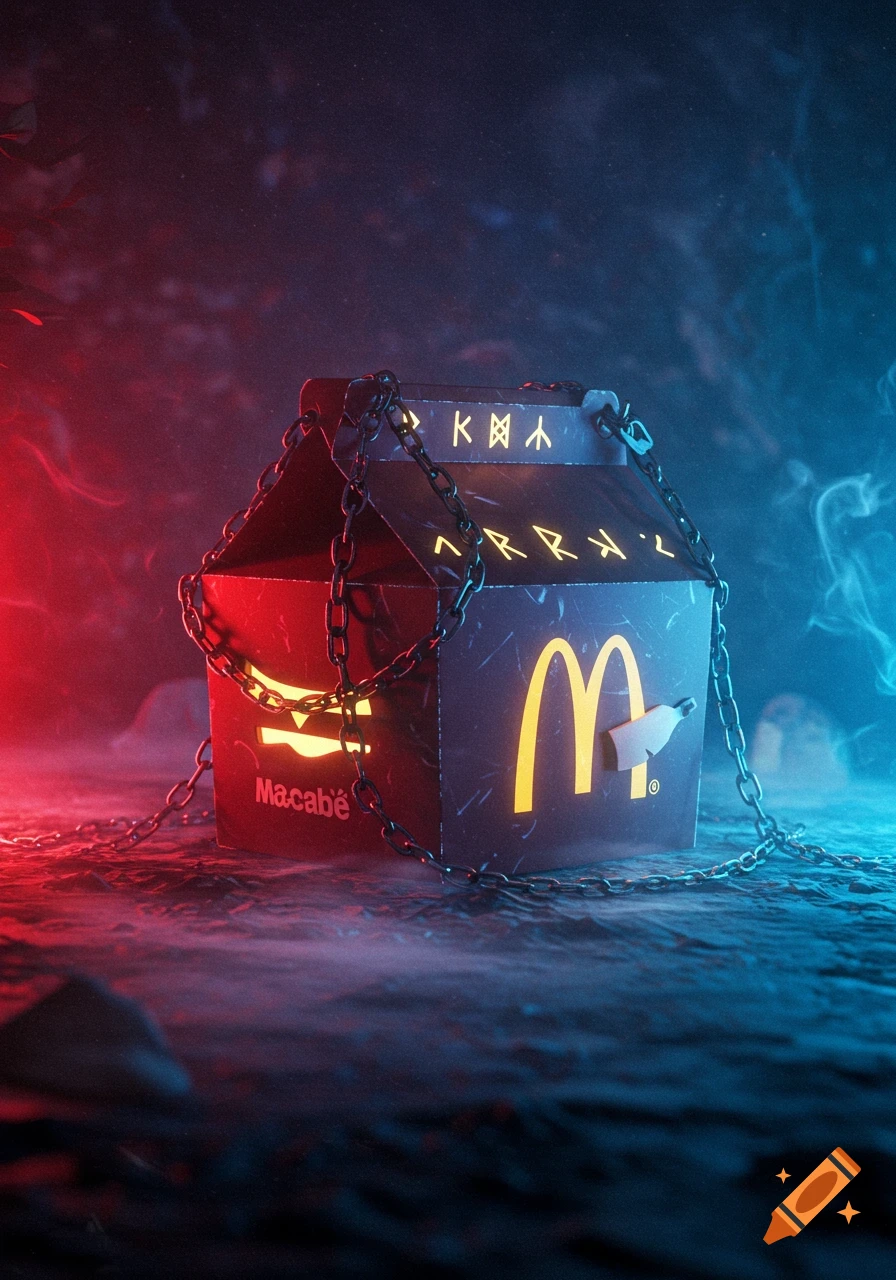 A dark, spooky McDonald's box wrapped in chains, glowing with red and blue light, with 'Macabé' written on one side and the McDonald's 'M' on the other.