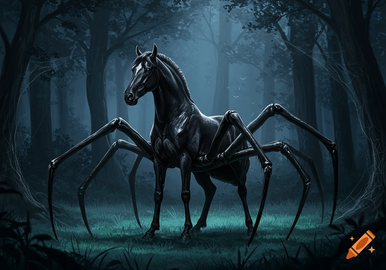 An eerie black horse with long spider legs stands in a dark, misty forest, rendered in a fantastical digital art style.