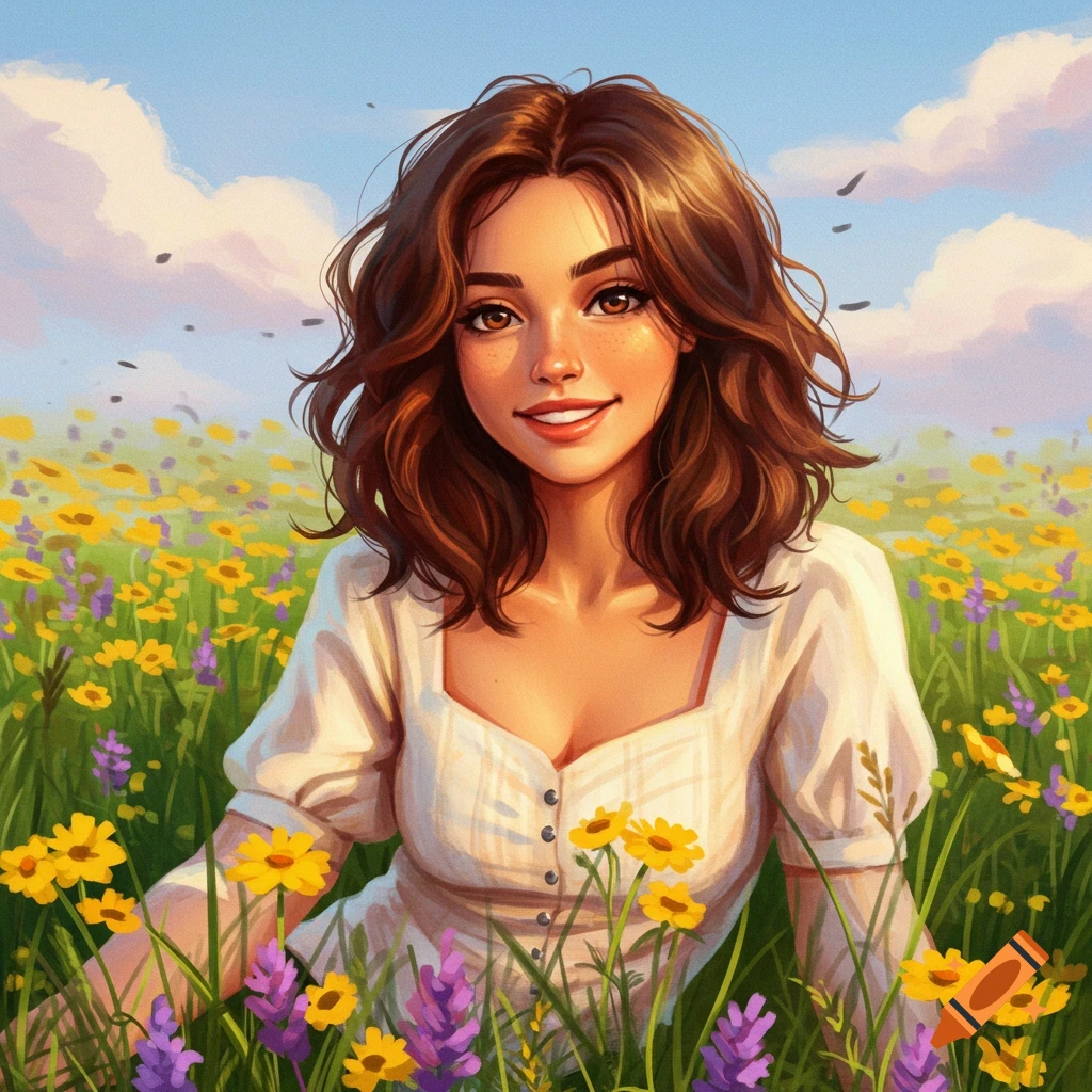 A smiling brunette woman with medium-length hair sits in a field of yellow and purple wildflowers under a blue sky, in a painted style.
