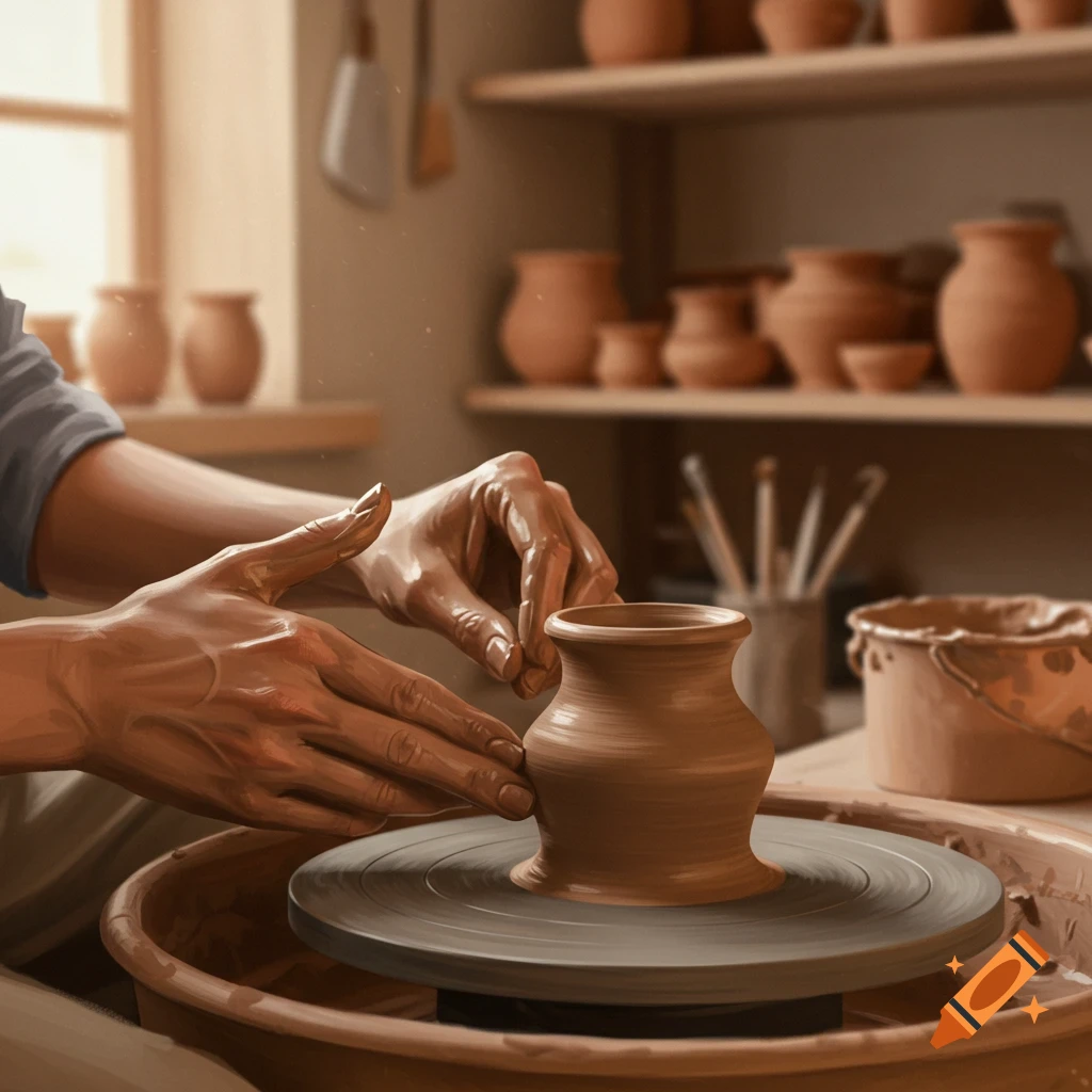 Hands shape a clay pot on a potter's wheel in a warm-lit pottery studio with shelves of finished pots.