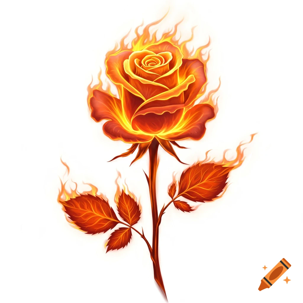 A vibrant rose made of bright orange and yellow flames, with fire also licking around its leaves and stem, against a white background.