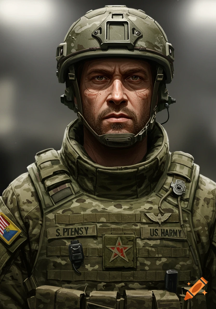A realistic close-up portrait of a stern male soldier in a camouflage helmet and tactical vest.