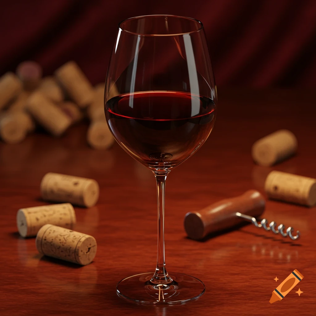 Photorealistic glass of red wine on a polished wooden table, surrounded by wine corks and a corkscrew.