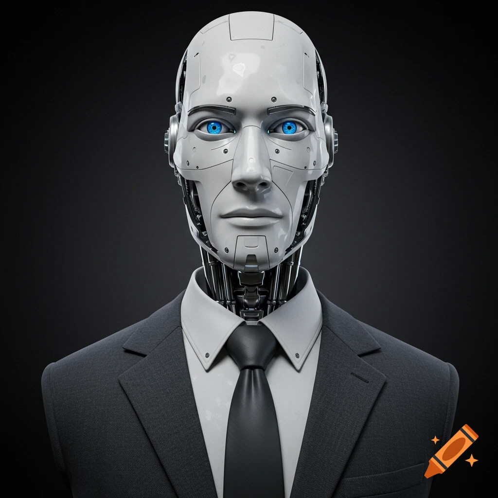 Photorealistic portrait of a humanoid robot in a black suit and tie with bright blue eyes, on a dark background.