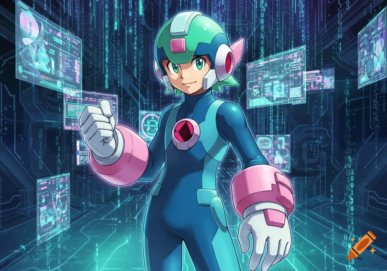 An anime character resembling Mega Man in a blue and green suit with pink accents gives a thumbs-up amidst floating holographic screens and binary code.