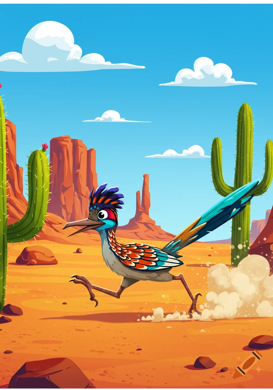 A vibrant cartoon roadrunner runs across a sandy desert landscape with cactuses and red rock formations under a blue sky.