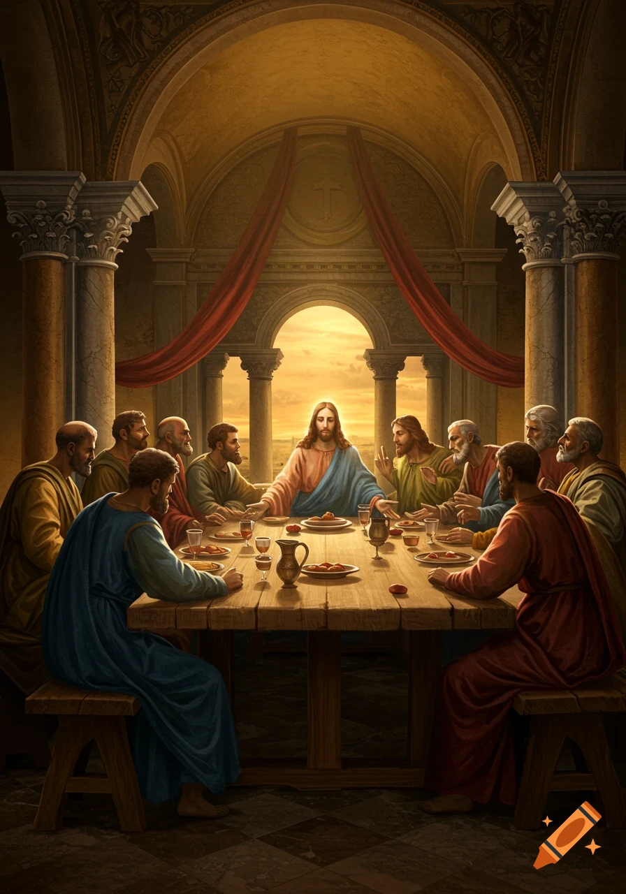 Jesus and his disciples gather around a long wooden table for the Last Supper in a grand, warmly lit hall.