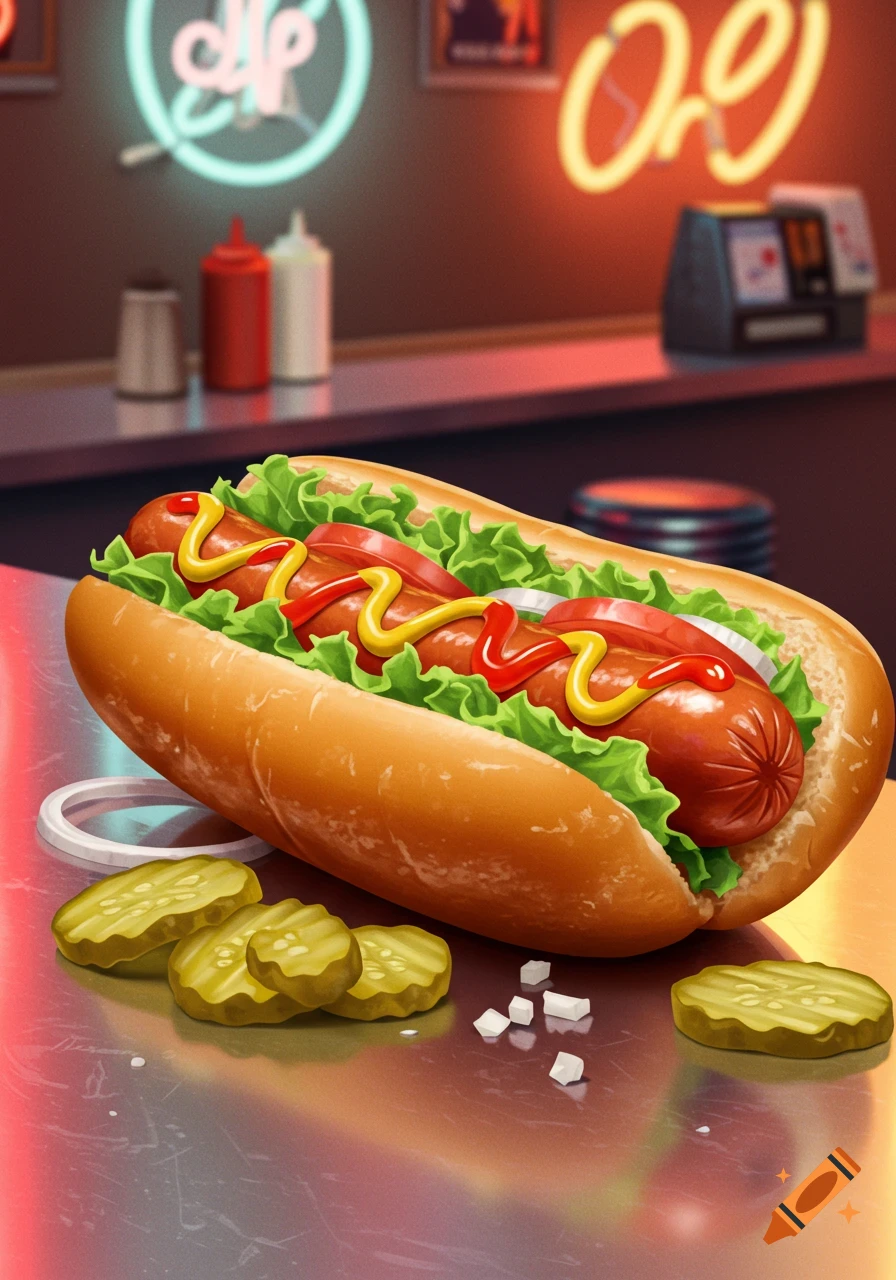 A stylized hot dog with lettuce, tomato, onion, ketchup, and mustard on a metal counter, with blurry neon signs in the background.