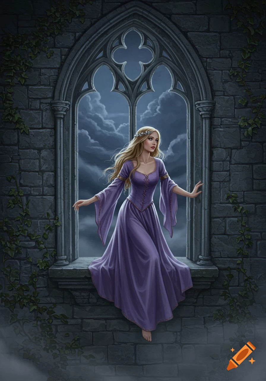 A blonde woman in a purple medieval dress sits in a gothic stone window, looking out at a cloudy night sky.