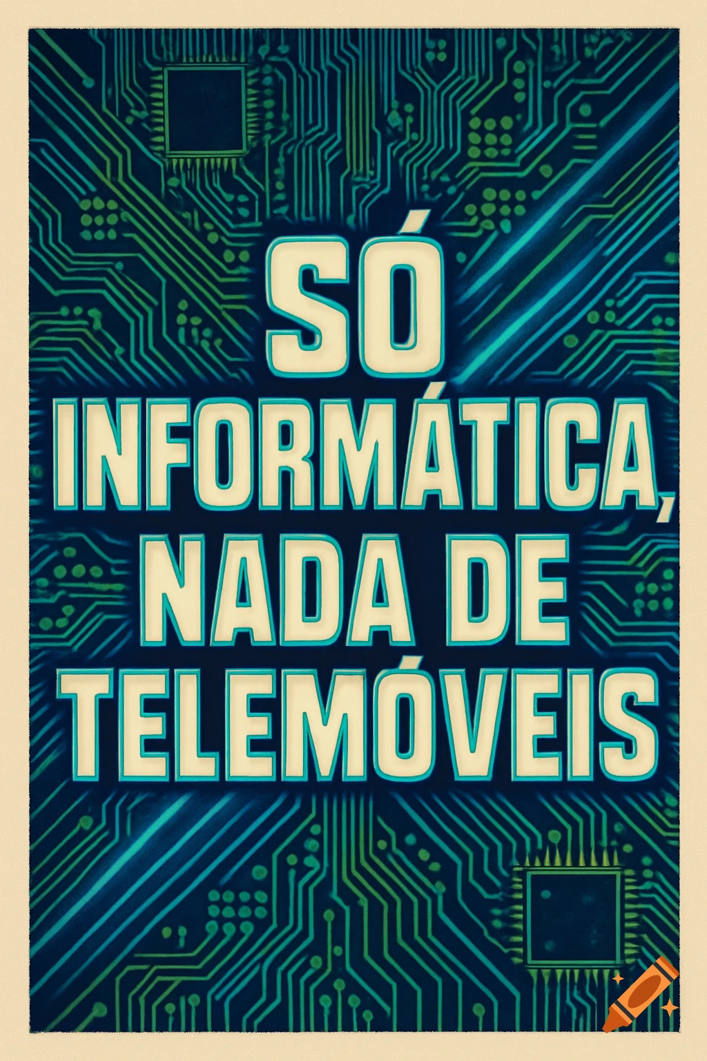 A poster with the Portuguese text "SÓ INFORMÁTICA, NADA DE TELEMÓVEIS" over a glowing circuit board background.