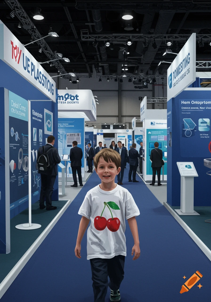 A smiling boy in a white t-shirt with two red cherries walks down a blue carpeted aisle at a trade show with many booths.