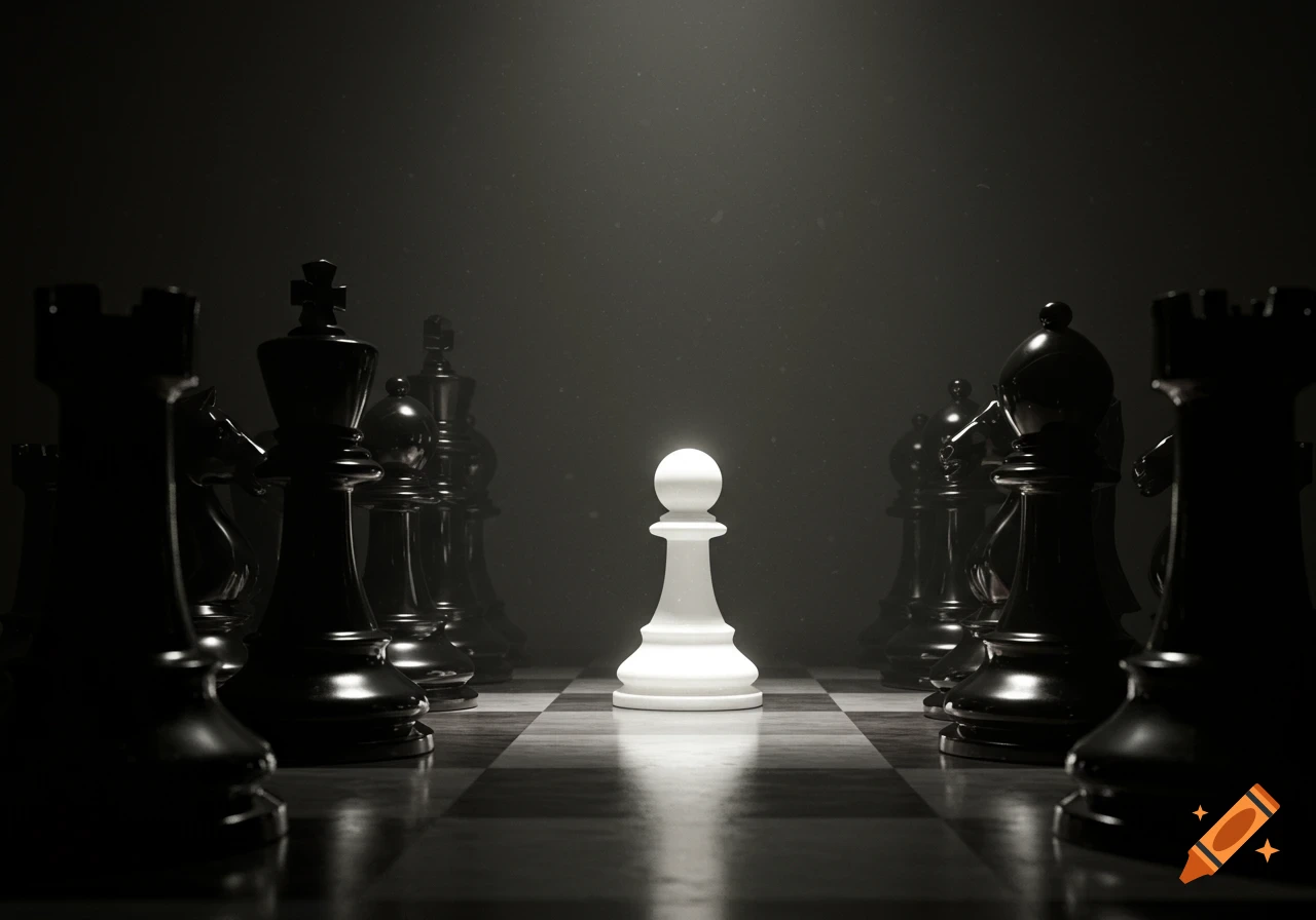 A white pawn stands alone on a dark chessboard, dramatically lit amidst an array of silhouetted black chess pieces.